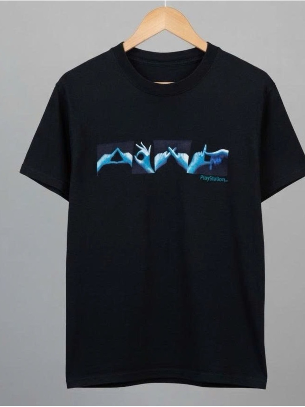 Black T-Shirt with Blue Hand Sign Graphic